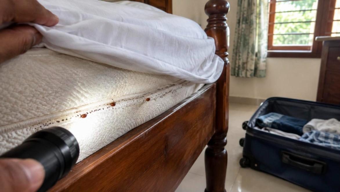 Torch showing bed bugs along a mattress seam on a wooden cot in Kerala - bed bug treatment in Kerala