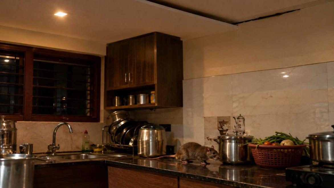 Rat on a kitchen counter in a Kerala home at night - rodent control in Kerala